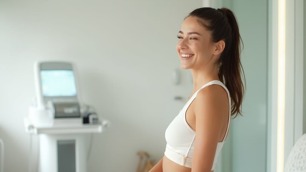 a woman smiling in a white top