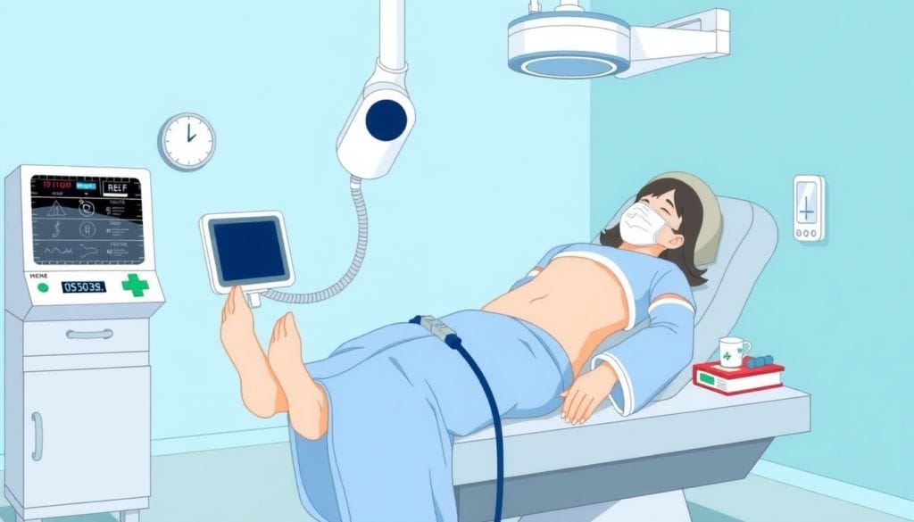 a cartoon of a woman lying on a hospital bed